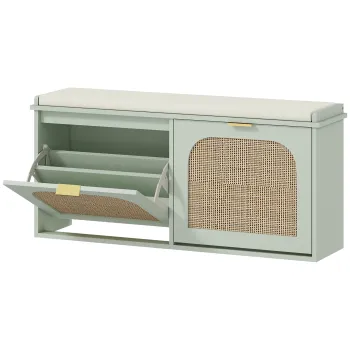 HOMCOM Banca pentru incaltaminte, banc de depozitare, sezut captusit, sertare rabatabile, usa din ratan, 104 x 26 x 47,5 cm, verde | Aosom Romania imagine
