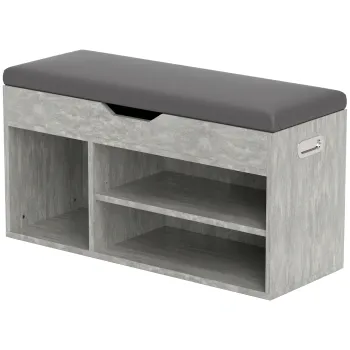 HOMCOM Banca pentru Incaltaminte cu 3 Rafturi Deschise, Spatiu Ascuns si Perna Capitonata, 80x30x45 cm, Gri | Aosom Romania imagine