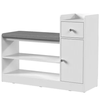 HOMCOM Banca pentru incaltaminte cu pernuta, sertar si rafturi deschise banca de hol 90x29,8x67,8cm Alb | Aosom Romania imagine
