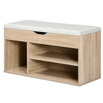 HOMCOM Banca pentru Pantofi cu 3 Compartimente, Spatiu Ascuns si Sezut din Piele PU, 80x30x43 cm, Lemn Natural | Aosom Romania imagine
