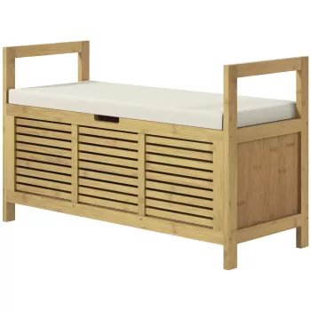 HOMCOM Banca pentru pantofi cu capac rabatabil, Banca din bambus pentru holul de la intrare cu compartiment ascuns si capitonare groasa, pentru hol, Natural imagine