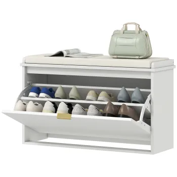 HOMCOM Banca pentru Pantofi cu Raft Interior Reglabil si Detasabil, 80x26x47.5 cm, Alb si Bej | Aosom Romania imagine
