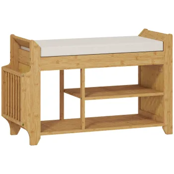 HOMCOM Banca pentru pantofi cu sezut captusit Depozitare laterala Raft pentru cizme Cadru din bambus 80x30x50 cm Natural | Aosom Romania imagine
