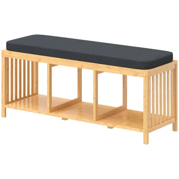 HOMCOM Banca pentru pantofi din bambus, banca de hol cu perna captusita si raft deschis, aspect lemn natural | Aosom Romania imagine