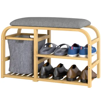 HOMCOM Banca pentru Pantofi din Bambus cu 2 Rafturi si Cos Detasabil, 70x30x45 cm, Lemn | Aosom Romania imagine