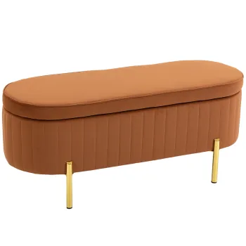 HOMCOM Bancheta Ovala cu Depozitare 72 L, cu Capac Rabatabil, din Material Catifelat si Lemn, 108x44x43,5 cm, Maro Auriu | Aosom Romania imagine