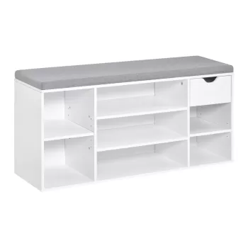 HOMCOM Bancheta-pantofar de dimensiuni reduse, din lemn cu perna si rafturi reglabile pentru 10 perechi de incaltaminte, 101x29x47.5cm, alb gri imagine