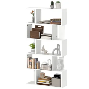HOMCOM Biblioteca Asimetrica in Forma de S cu 5 Niveluri si 10 Rafturi Deschise, 80x24x159 cm, Alb | Aosom Romania imagine