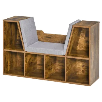 HOMCOM Biblioteca-banca 2 in 1 cu perne de sezut, etajera cub cu 6 compartimente deschise, 102 x 30 x 61 cm, maro rustic | Aosom Romania imagine