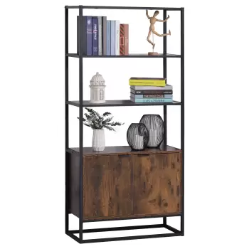 HOMCOM Biblioteca cu 3 Rafturi, Design Inaltat, din Lemn, Cadru din Metal, Negru si Maro 76x33x162.5cm imagine