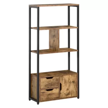 HOMCOM Biblioteca cu 3 Rafturi, Dulap si 2 Sertare, Biblioteca Stil Industrial din PAL si Metal, 58x24x122 cm, Negru si Lemn natur imagine