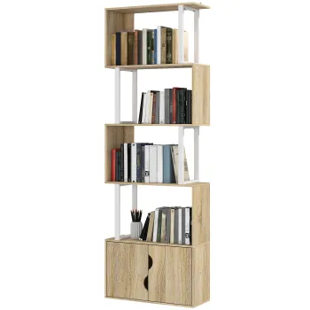 HOMCOM Biblioteca cu 5 nivele, mobilier de depozitare cu rafturi si dulap cu dubla usa, 60 x 23,8 x 179,2 cm, lemn natural | Aosom Romania imagine
