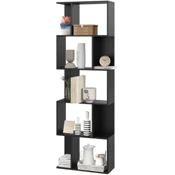 HOMCOM Biblioteca cu 5 Rafturi Divizate in Forma de S din Lemn, 60x24x184.5 cm, Negru | Aosom Romania imagine