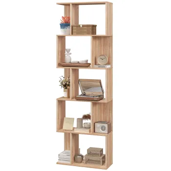 HOMCOM Biblioteca cu 5 Rafturi Separate cu Spatiu de Economisire in Forma de S din Lemn, 60x24x184,5 cm, Lemn Natural | Aosom Romania imagine