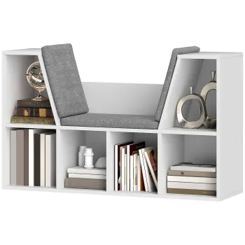 HOMCOM Biblioteca cu loc de sezut, 6 rafturi, captusit, 105 x 30 x 63 cm, alb | Aosom Romania imagine