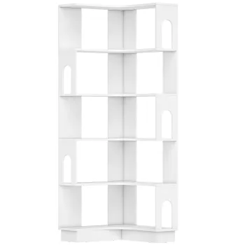 HOMCOM Biblioteca de colt, etajera de depozitare cu 6 niveluri si panouri laterale arcuite, 60 x 60 x 165,5 cm, alb | Aosom Romania imagine