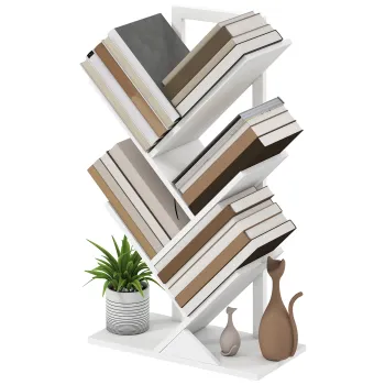 HOMCOM Biblioteca in Forma de Copac cu 5 Rafturi si Sistem Antivarsare pentru Sufragerie Dormitor 50x24x82 cm Alb | Aosom Romania imagine