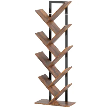 HOMCOM Biblioteca in forma de copac cu 9 niveluri, corp de depozitare industrial cu cadru din otel, 50x24x136cm, Maro rustic | Aosom Romania imagine