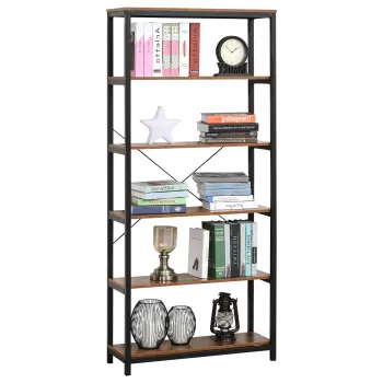 HOMCOM Biblioteca in Stil Industrial Vintage cu 6 Rafturi din Lemn si Metal Negru, 80x30x180cm | AOSOM RO imagine