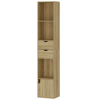 HOMCOM Biblioteca Ingusta cu 6 Rafturi, Sertare, Usa si Polite Deschise, 30x24x158 cm, Stejar | Aosom Romania imagine