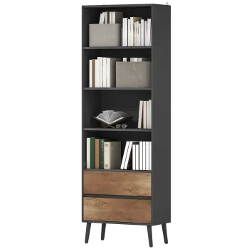 HOMCOM Biblioteca mobilier de depozitare cu 4 compartimente deschise si 2 sertare, 60 x 30 x 179 cm, gri | Aosom Romania imagine