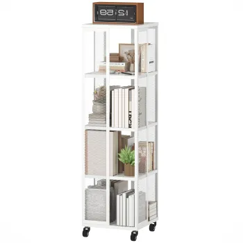 HOMCOM Biblioteca Moderna cu 4 Rafturi si Roti, 35x35x129 cm, Alb | Aosom Romania imagine