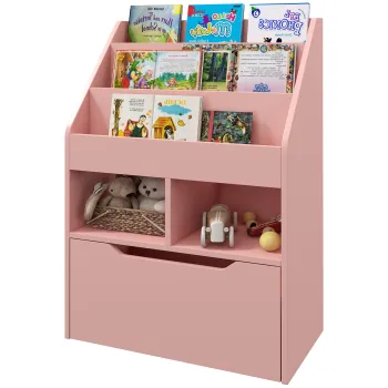 HOMCOM Biblioteca pentru Copii cu Rafturi, Sertar si Roti, Raft pentru Jucarii si Carti, 60x29.9x90 cm, Roz | Aosom Romania imagine