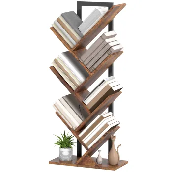 HOMCOM Biblioteca Raft cu 7 Nivele Ingusta in Forma de Lemn pentru Birou, Brun Rustic | Aosom Romania imagine