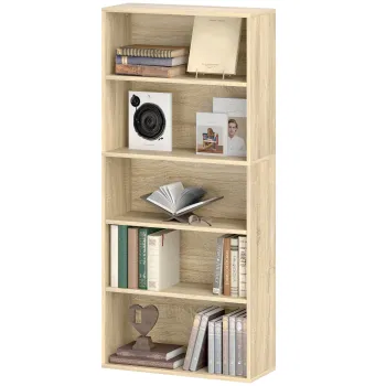 HOMCOM Biblioteca raft de depozitare 5 nivele cu rafturi reglabile pentru living, dormitor, birou, 60x24x133,5 cm, natural | Aosom Romania imagine