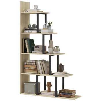 HOMCOM Biblioteca raft separator de incaperi de stil industrial in forma de scara cu 5 rafturi 102 x 30 x 160 cm culoare stejar | Aosom Romania imagine