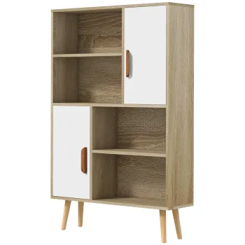 HOMCOM Biblioteca scandinava 4 nise + 2 dulapuri cu polita dim. 80L x 24l x 123H cm Picioare conice inclinate Lemn masiv Stejar | Aosom Romania imagine