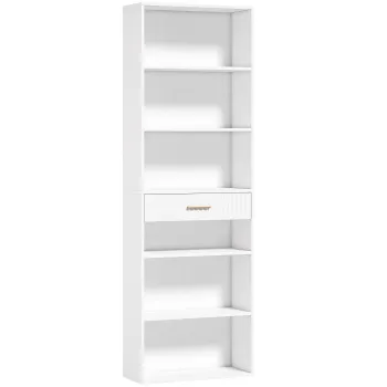 HOMCOM Biblioteca verticala inalta cu 7 polite, 6 cuburi si sertar din lemn, 60x24x182 cm, Alb | Aosom Romania imagine