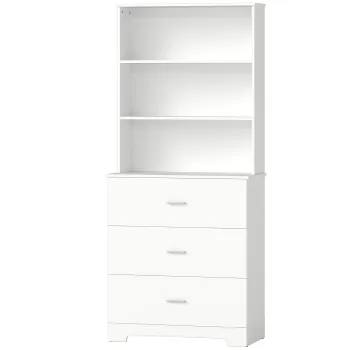 HOMCOM Biblioteca Vitrina inalta cu 3 sertare, 3 rafturi deschise, pentru living si bucatarie, 79x39,5x180 cm, alb | Aosom Romania imagine