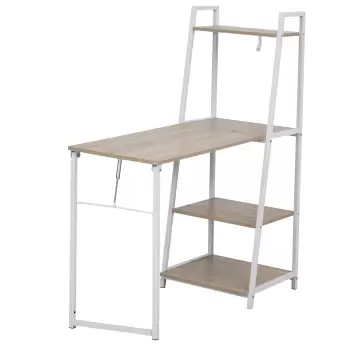 HOMCOM Birou Biblioteca 3 Rafturi Blat Mare Pliabil Lemn Metal Alb Stejar imagine