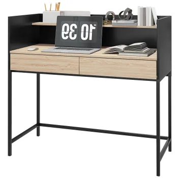 HOMCOM Birou cu 2 Sertare, Raft Superior si Manere Ascunse, Birou Modern din Lemn si Otel, 106x51,5x102,5 cm, Negru | Aosom Romania imagine