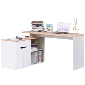 HOMCOM Birou cu Blat Extensibil pentru PC si Biblioteca, 140x117x76 cm, Alb | Aosom Romania imagine