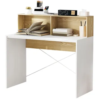 HOMCOM Birou cu depozitare 110 x 50 cm, 2 compartimente deschise si raft de depozitare, alb si natural | Aosom Romania imagine