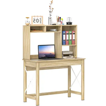 HOMCOM Birou cu depozitare birou biblioteca din lemn cu rafturi si blat mare pentru spatii mici, aspect stejar | Aosom Romania imagine