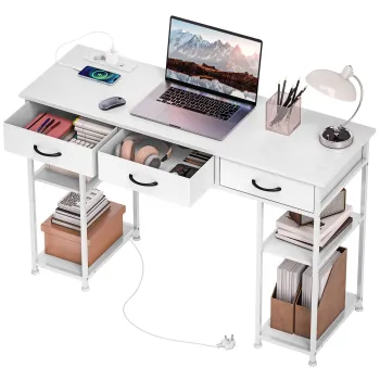 HOMCOM Birou cu depozitare cu prize de curent, 3 sertare din material textil si 4 rafturi de depozitare, 120 x 40 x 76 cm, alb | Aosom Romania imagine