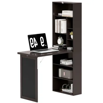 HOMCOM Birou cu depozitare pliabil de perete rabatabil cu biblioteca, post de lucru, tablou cu creta si raft reglabil | Aosom Romania imagine