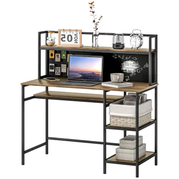 HOMCOM Birou cu rafturi birou informatic birou de calculator cu 4 rafturi, blat mare si panou negru, maro | Aosom Romania imagine