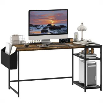 HOMCOM Birou de calculator 150 x 60 cm cu rafturi reversibile si sac din material textil, pentru spatii mici, marron | Aosom Romania imagine