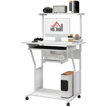 HOMCOM Birou de calculator pe role cu rafturi de depozitare, statie de lucru si suport pentru tastatura, 80x50x130cm, alb | Aosom Romania imagine