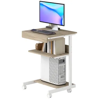 HOMCOM Birou de calculator pe roti, birou cu depozitare 56 x 51 cm cu sertar, compartiment si suport CPU, stejar | Aosom Romania imagine