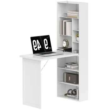 HOMCOM Birou de calculator pliabil cu biblioteca, post de lucru, tabla alba si raft reglabil, 98x51x153cm, alb | Aosom Romania imagine