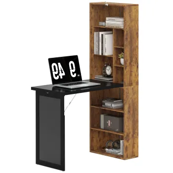 HOMCOM Birou de calculator pliabil cu biblioteca, statie de lucru, tabla neagra si raft reglabil, 98x51x153cm, mar brun | Aosom Romania imagine