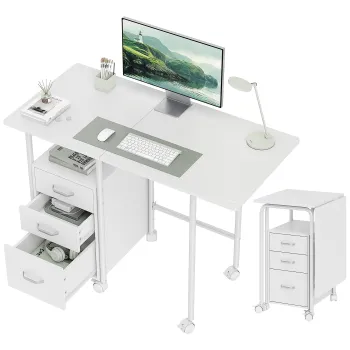 HOMCOM Birou de calculator pliabil pe roti, birou cu depozitare, 3 sertare, blat extensibil, 105x51x75,5cm, alb | Aosom Romania imagine