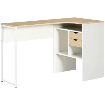 HOMCOM Birou de colt Birou Informatic cu sertare Multi-Compartimentare din Lemn in Aspect de stejar Deschis Alb | Aosom Romania imagine