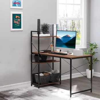 HOMCOM Birou de colt cu depozitare design industrial cu biblioteca 3 rafturi panouri particulate aspect nuc metal negru | Aosom Romania imagine