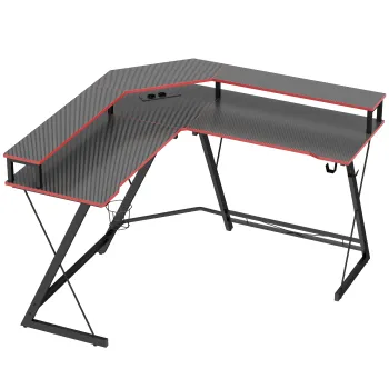 HOMCOM Birou de colt cu prize in forma de L 128x128 cm cu suport pentru monitor, carlig si suport pentru pahar, negru | Aosom Romania imagine